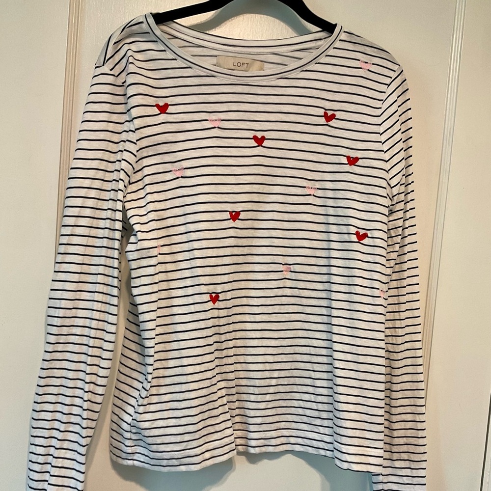 LOFT Black and White Striped Top with Red Heart Details